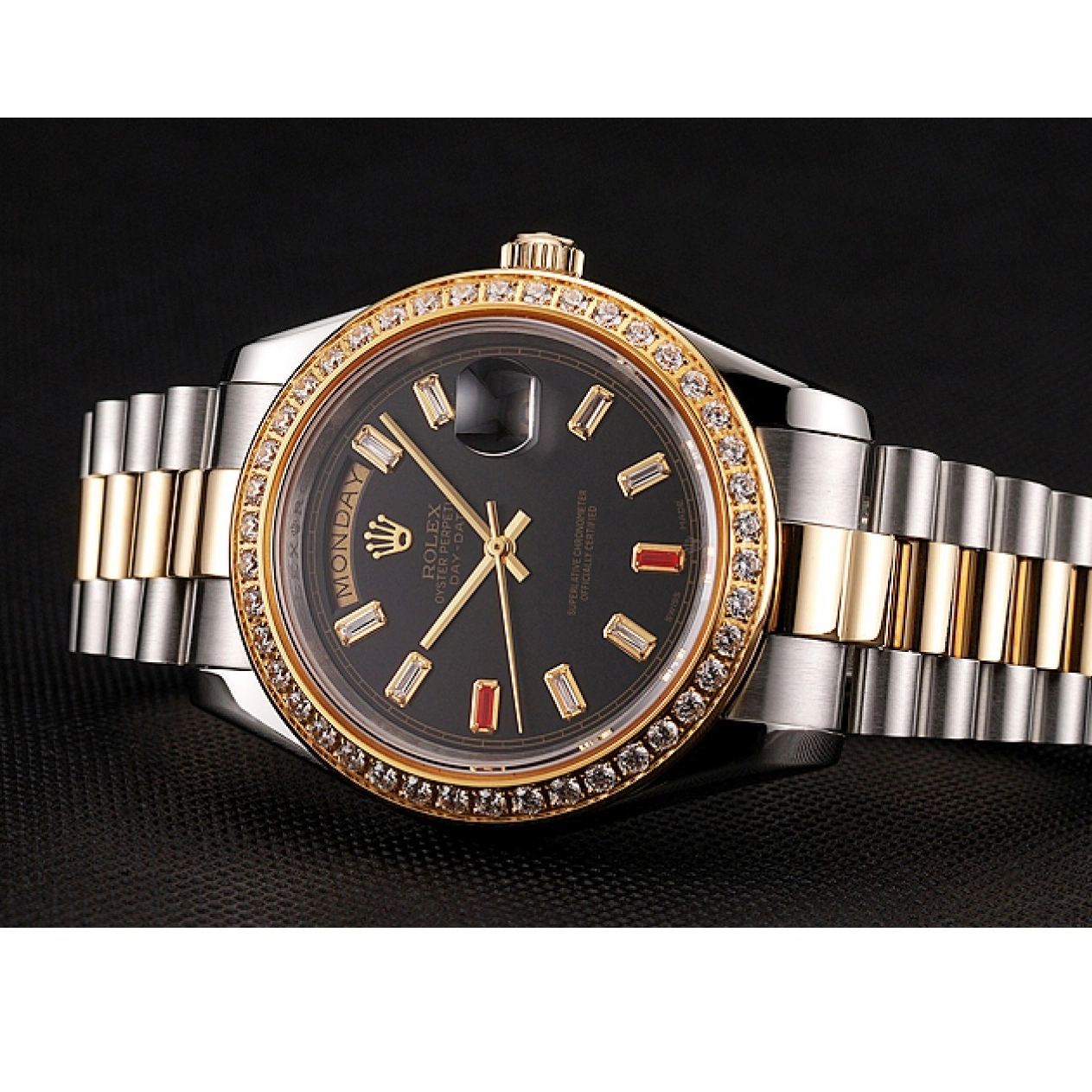 Good copy rolex watches Dial Black 1454105 Rolex Two Day-Date Rubies And Diamonds Bracelet Swiss Tone 0717